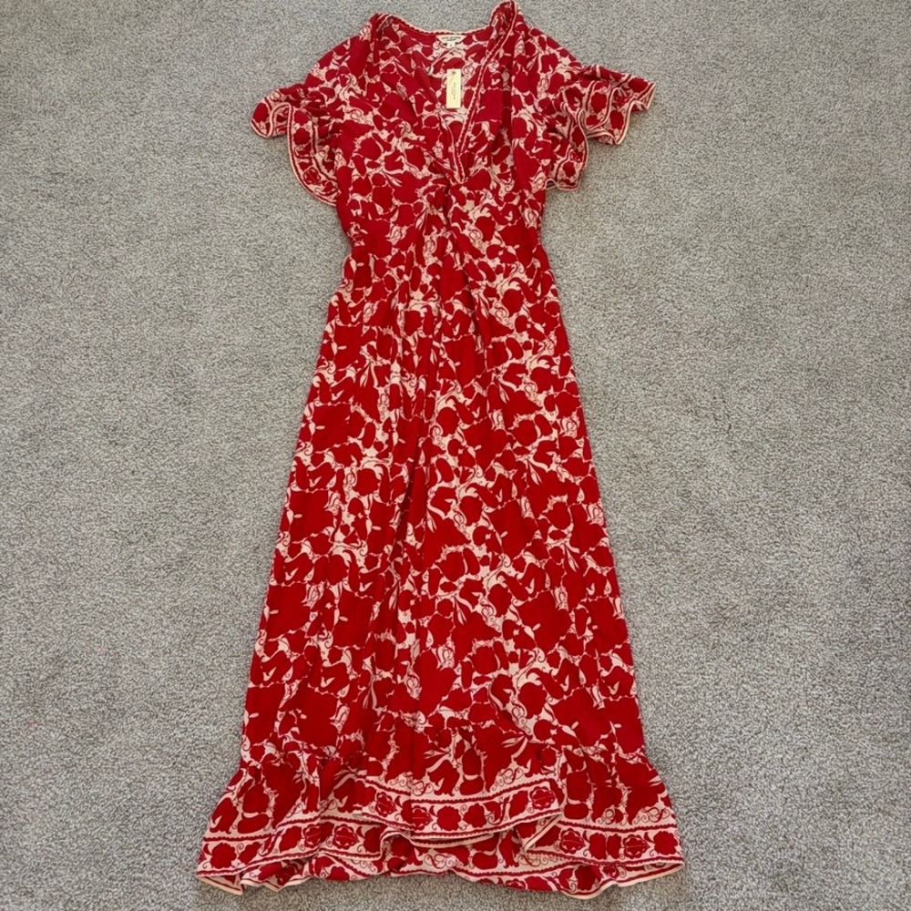 Max Studio Maxi Dress Womens S Red Floral Romantic Chic Church Brunch Party